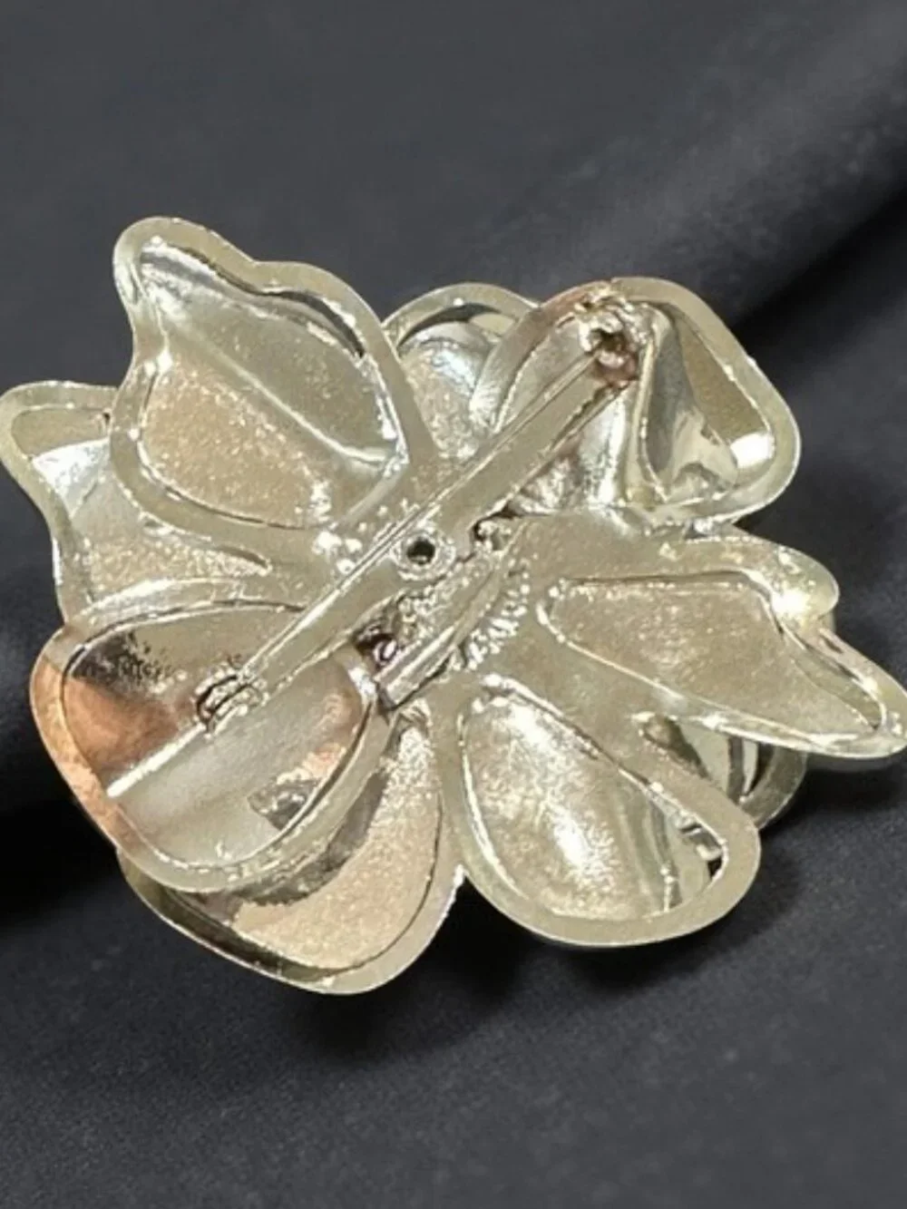 Vintage Brooch Flower Shaped AB Crystal Center Gold Silver Tone Costume Jewelry